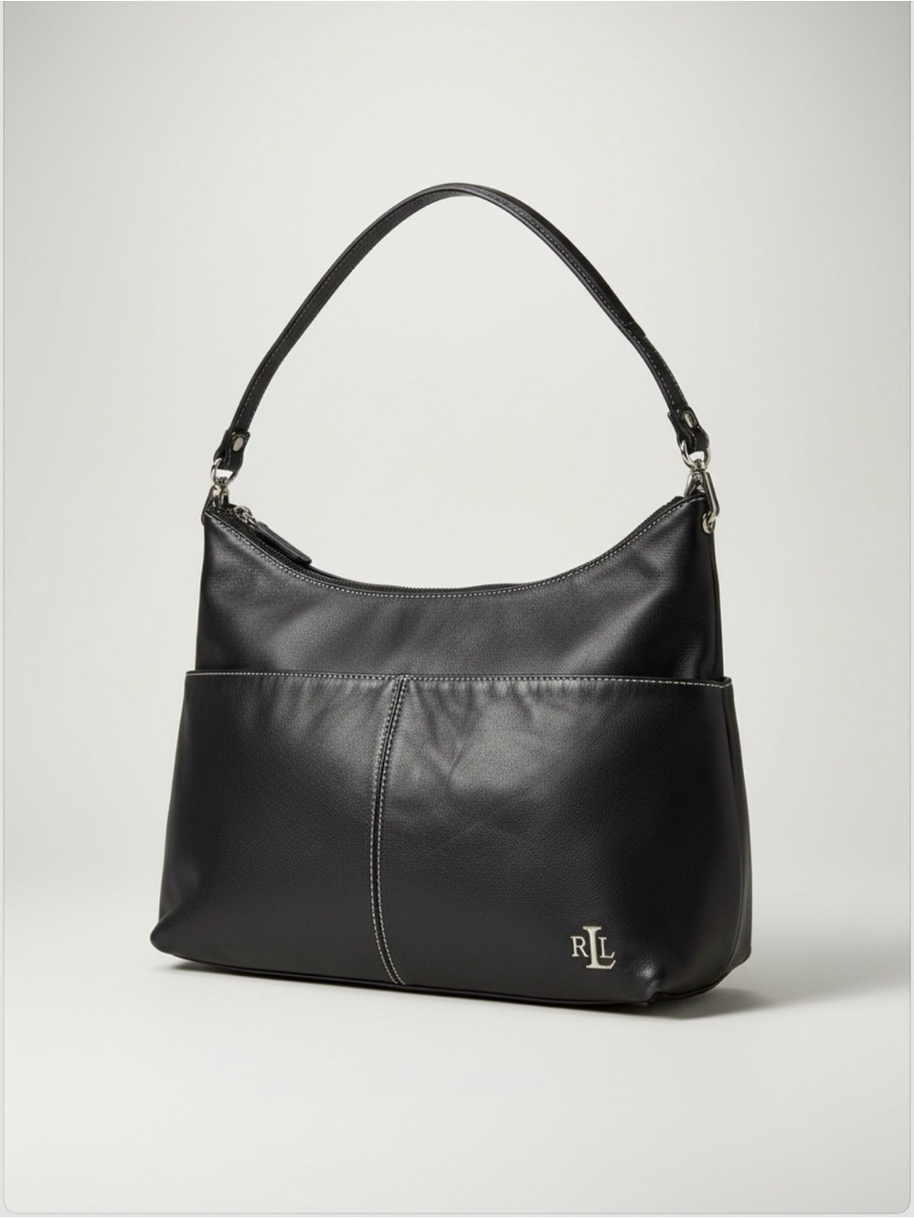 Lauren Ralph Lauren Black Leather Shoulder Bag Contrast Stitching Y2K Vintage